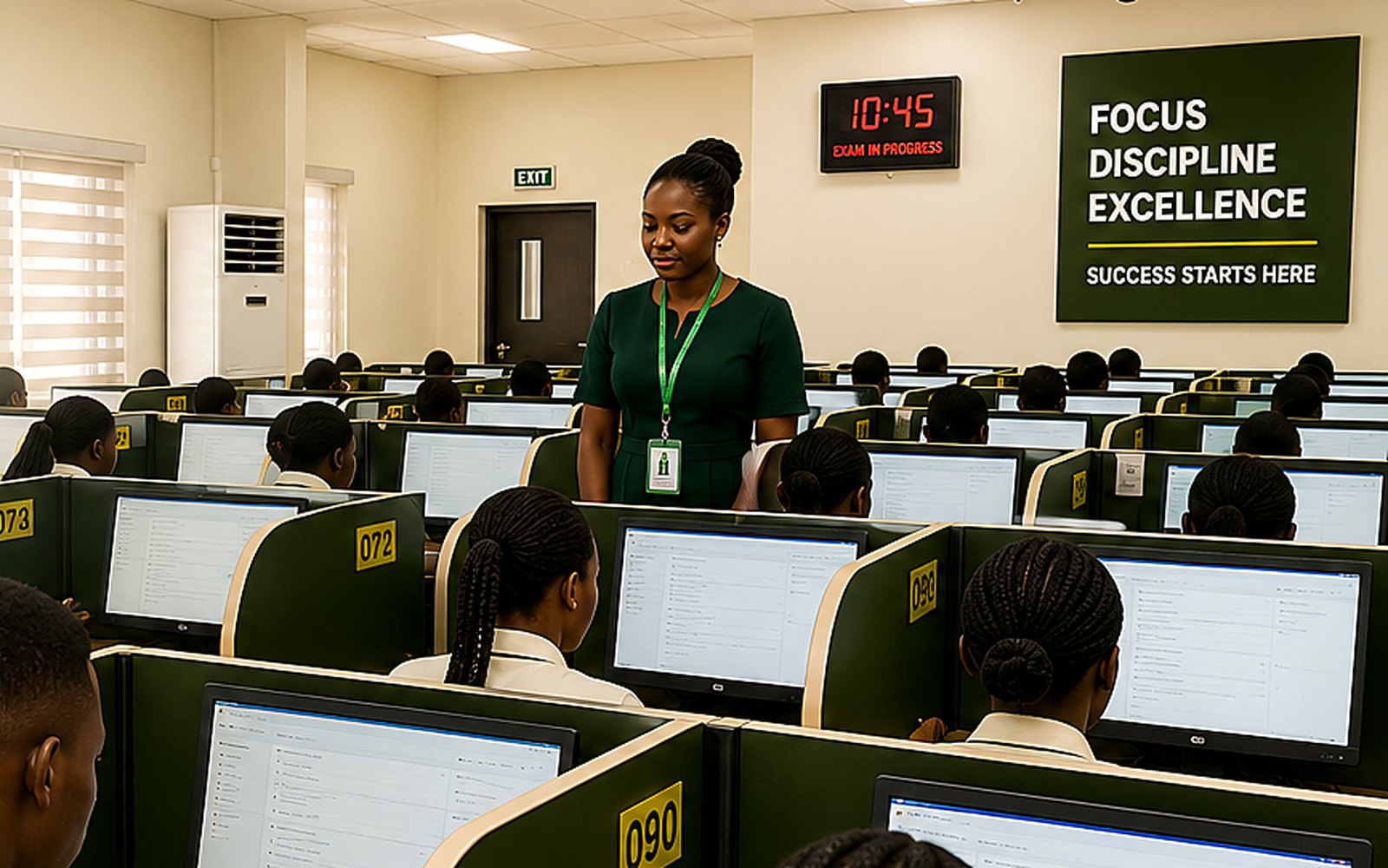 A modern Nigerian CBT exam hall with rows of tested computers set up for candidates
