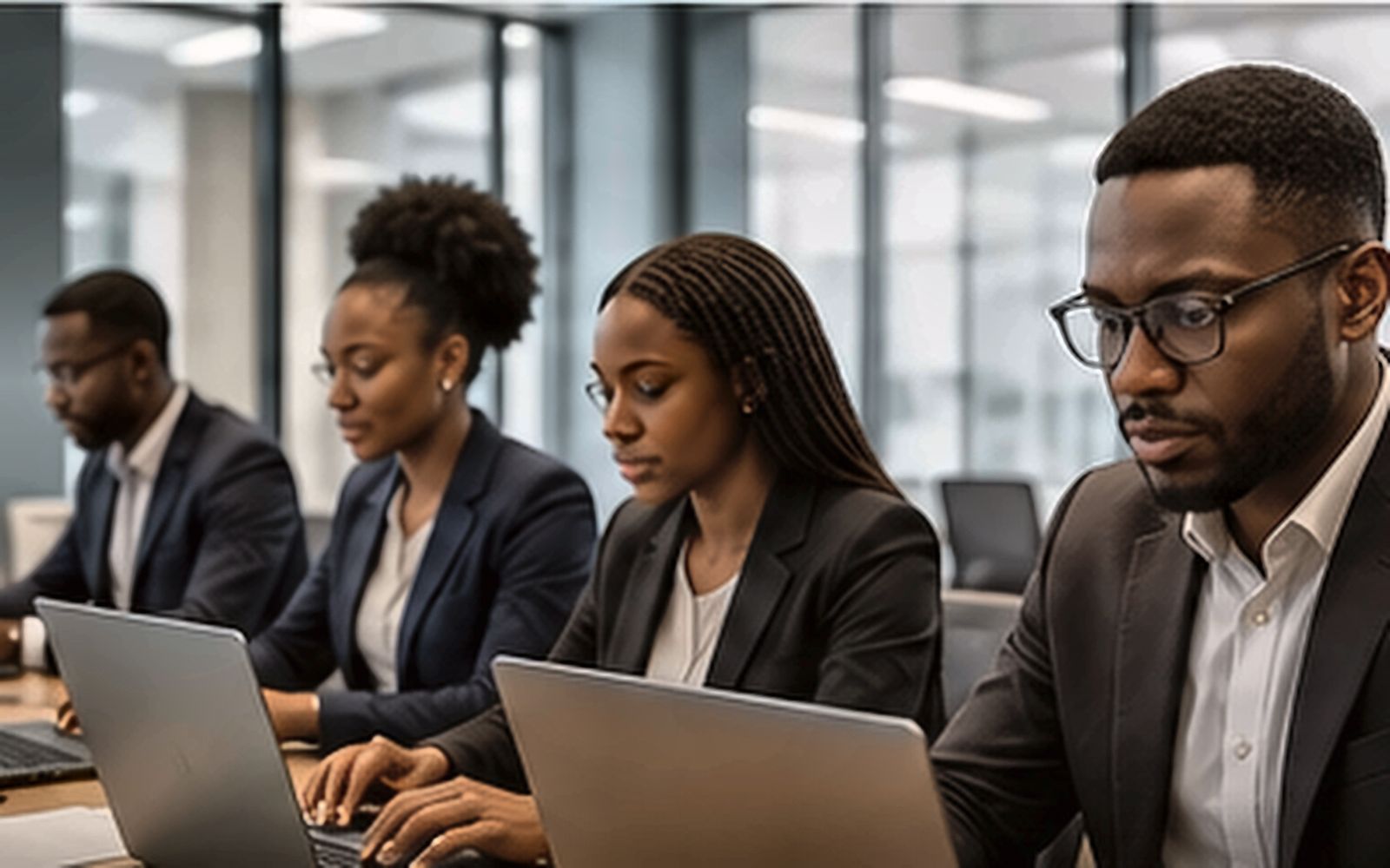 Employees working on business laptops in a fitted-out Nigerian corporate office.