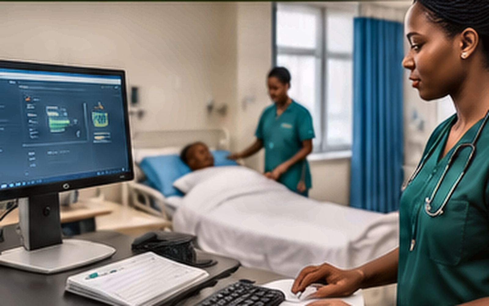 Clinic staff using a desktop computer at a Nigerian hospital reception.