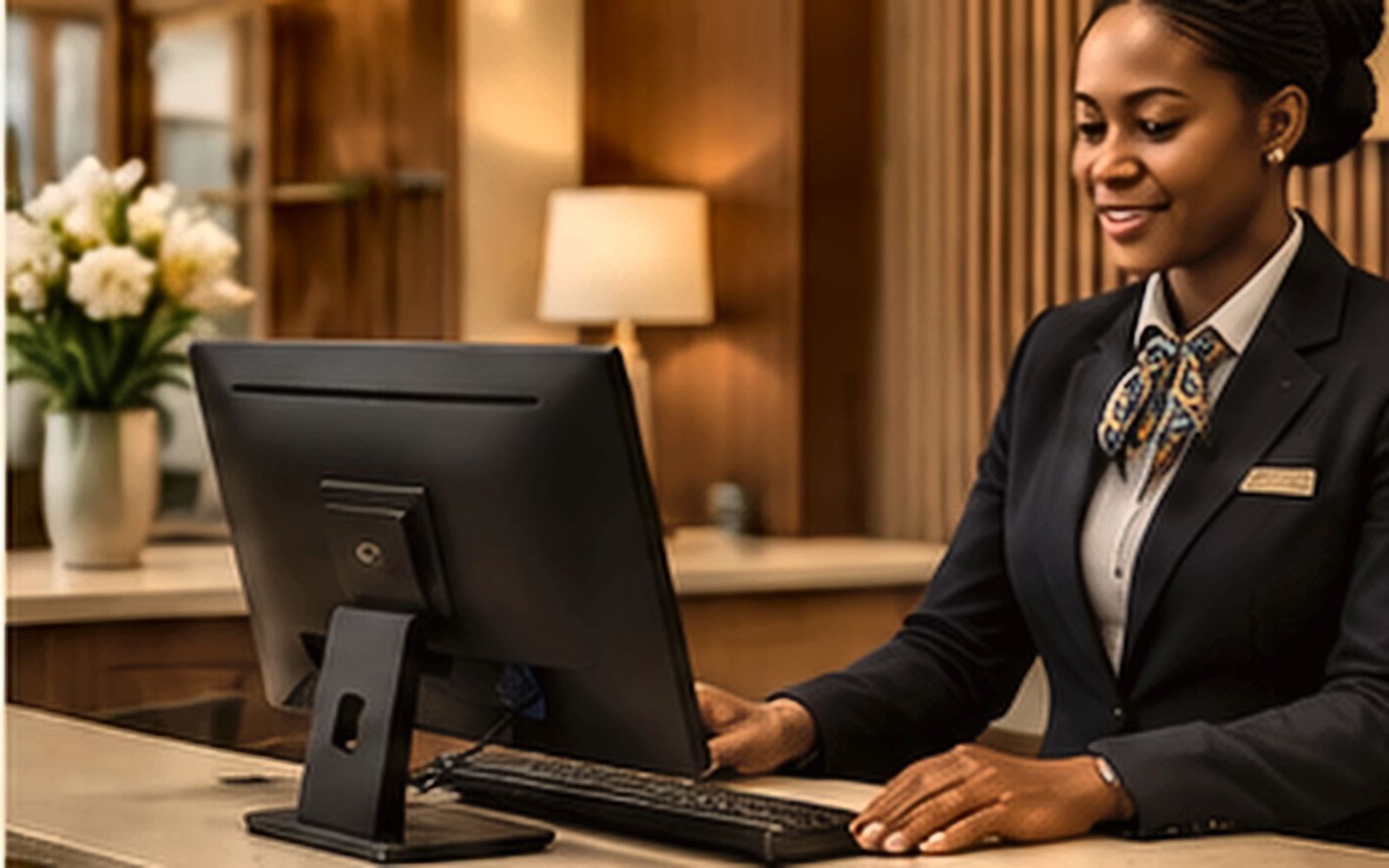 Hotel receptionist using a desktop PC and IP phone at a Nigerian hotel front desk.