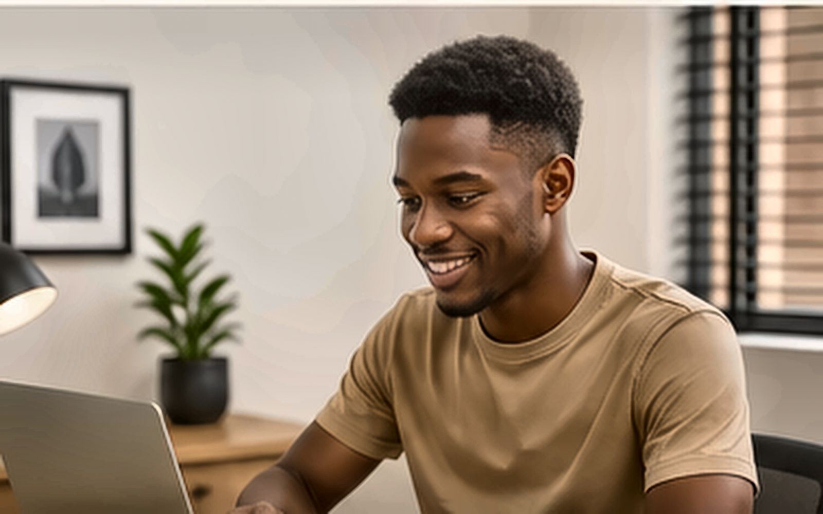A young Nigerian professional working on a quality used business laptop.