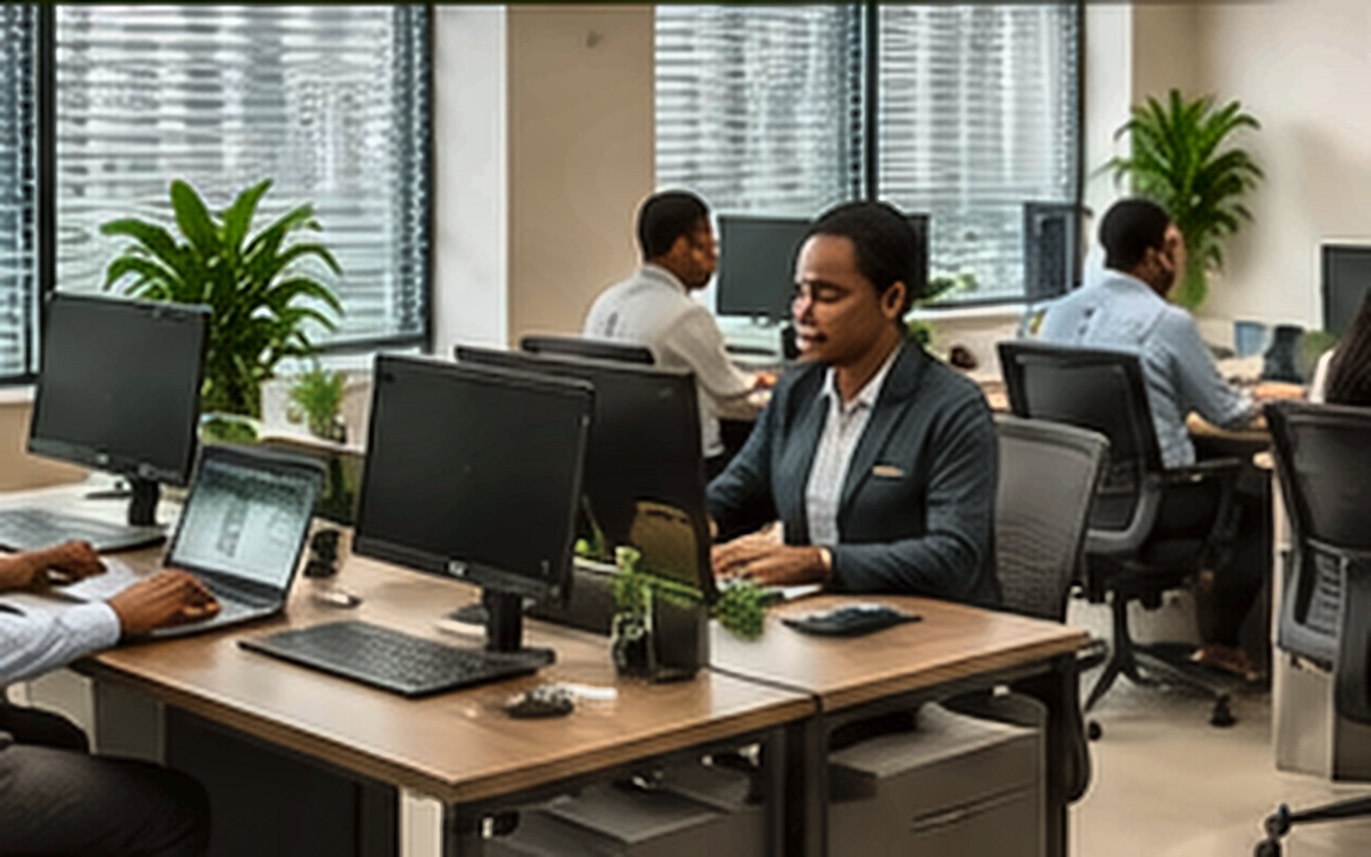 IT technicians deploying business workstations and a server rack in a Nigerian office.