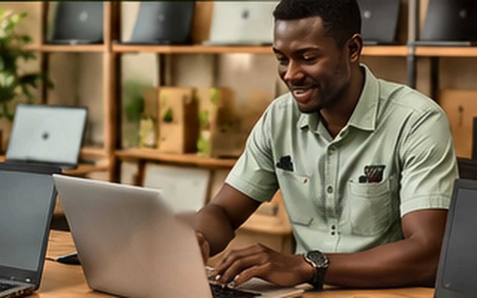 A young Nigerian reseller with tested business laptops displayed in a small shop.